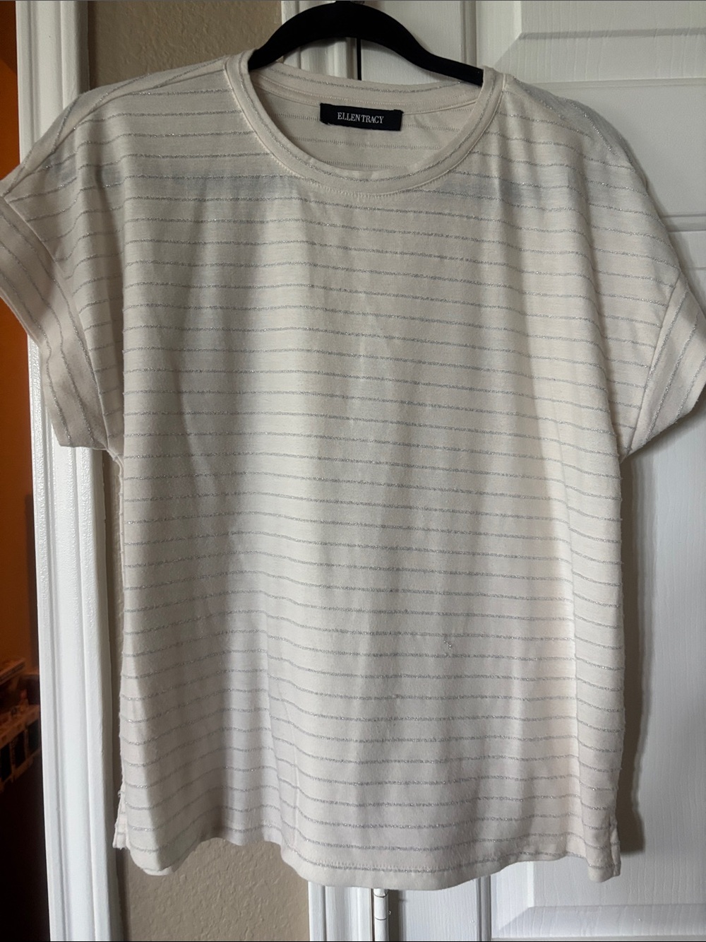 Ellen Tracy Cream Tee with Silver Metallic Stripes
